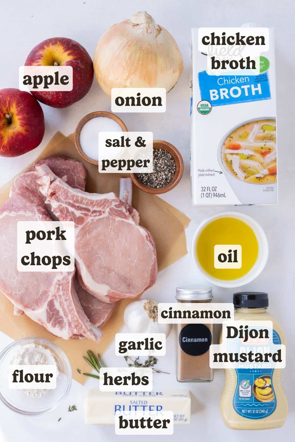 Pork chops, apple, onion, broth, butter, seasonings, and mustard are the main ingredients for this pork chops with apples recipe.