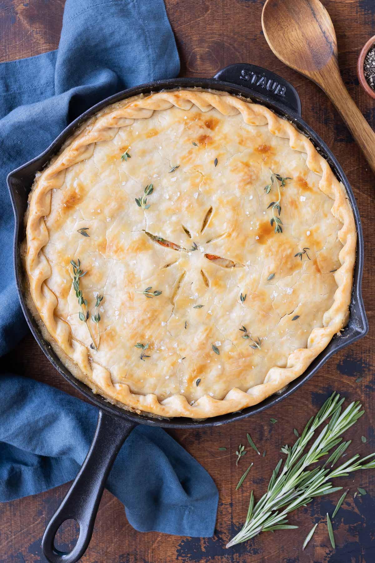 Skillet chicken pot pie is an easy one-pot recipe.