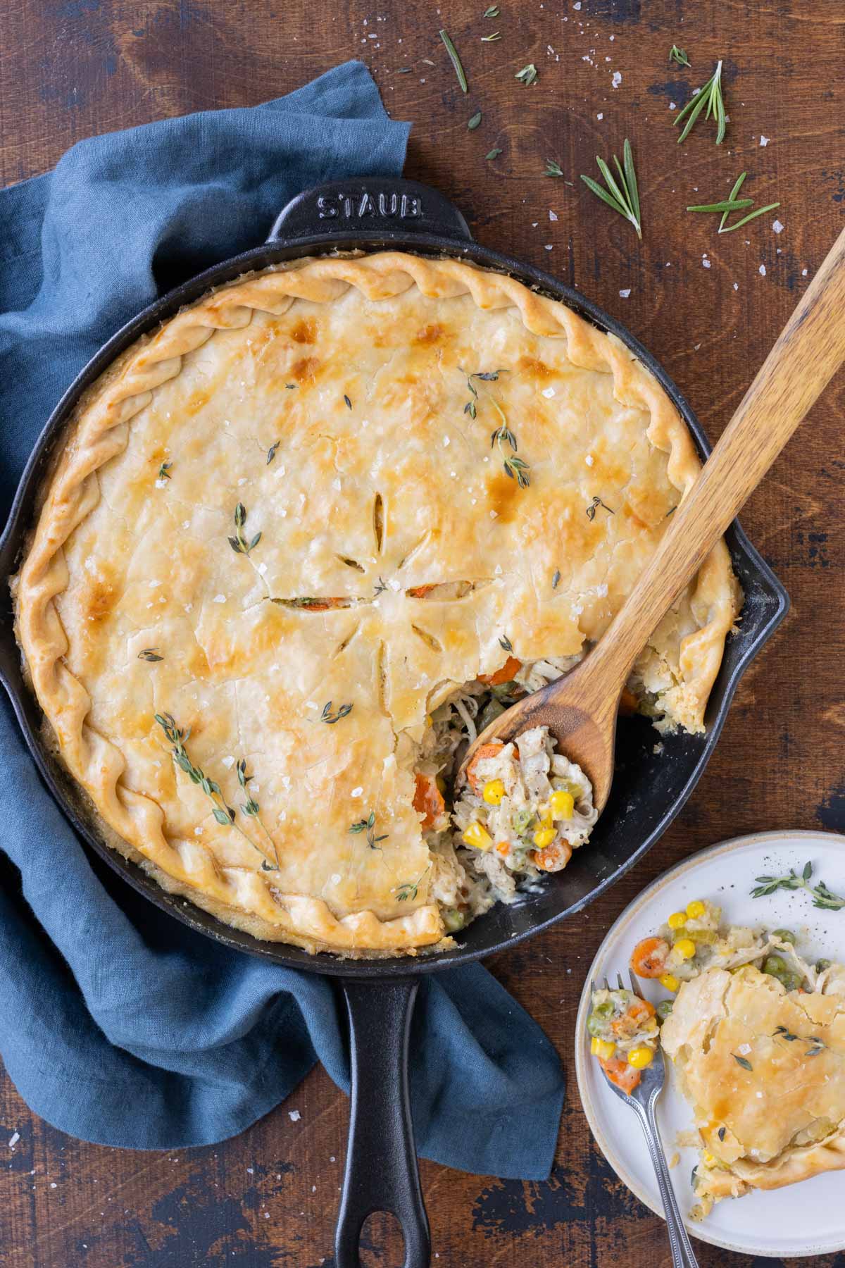 Easy Skillet Chicken Pot Pie RECIPE served in a cast iron skillet.