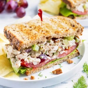 This tasty turkey salad recipe is served on a sandwich.