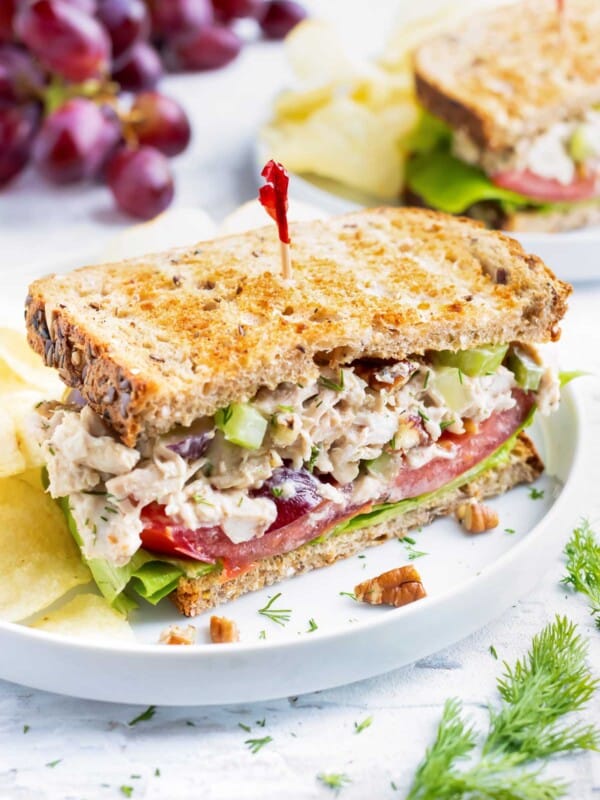 This tasty turkey salad recipe is served on a sandwich.