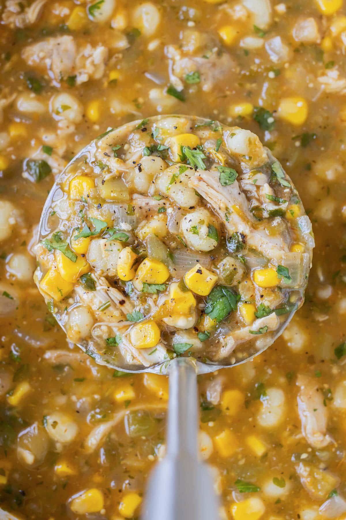 Corn, hominy, and chicken add flavor and texture to this chicken pozole soup.