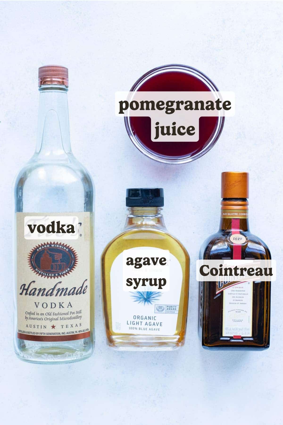 Pomegranate juice, vodka, Cointreau, and sweetener are the ingredients for this cocktail recipe.