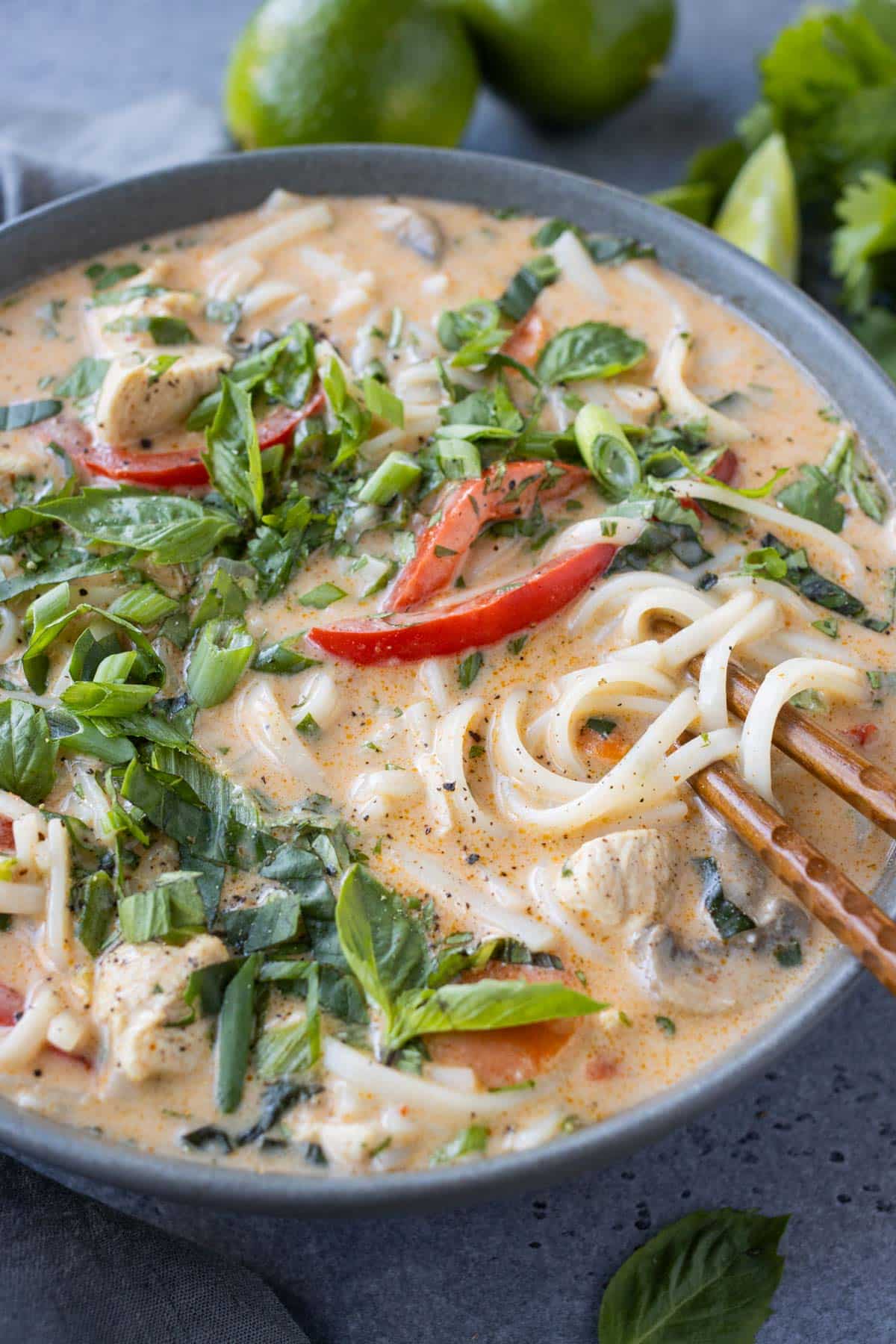 A large bowl of Thai chicken soup is a filling and flavorful dinner.