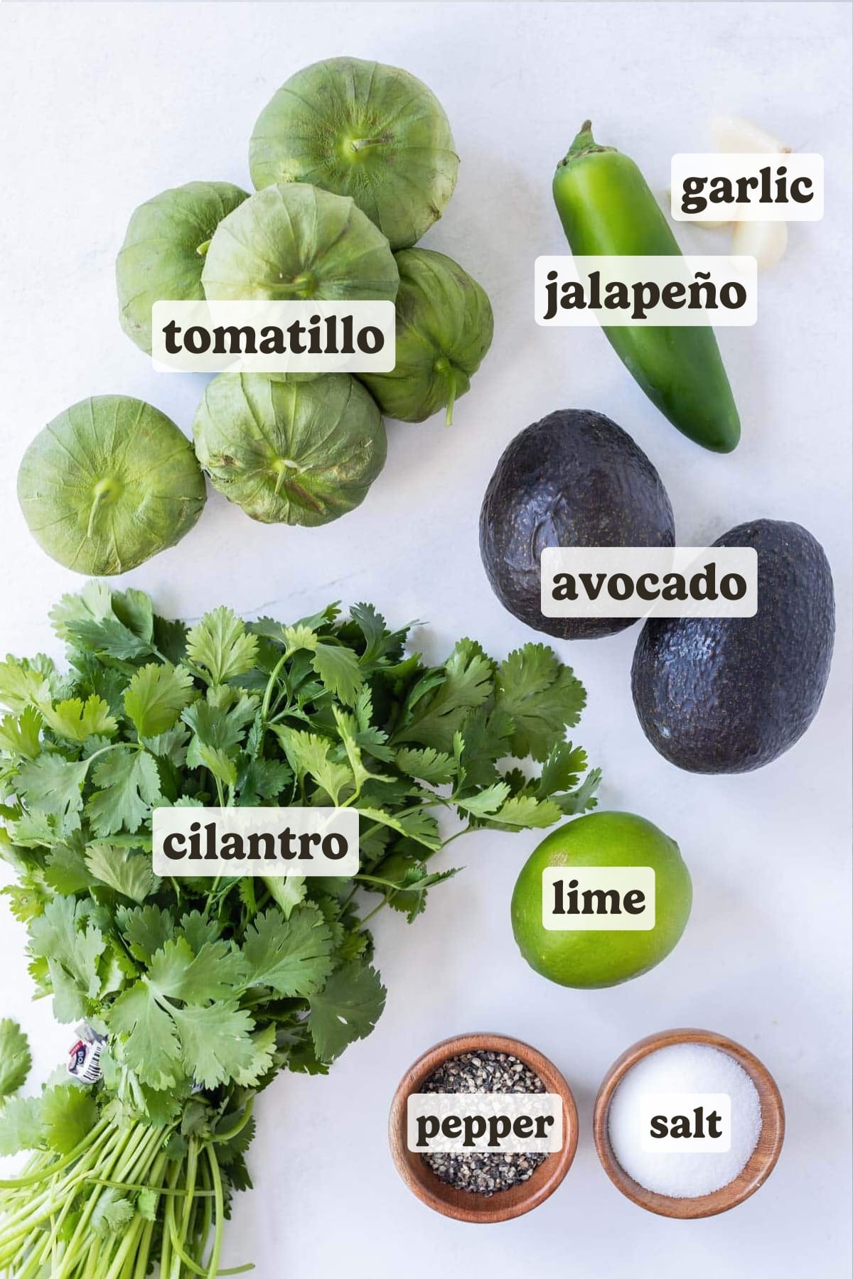 Tomatillos, avocado, cilantro, lime, garlic, and jalapeno are the main ingredients for this salsa.