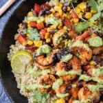 Chili lime shrimp quinoa bowls are in a black bowl with a creamy avocado salsa verde and fresh cilantro.