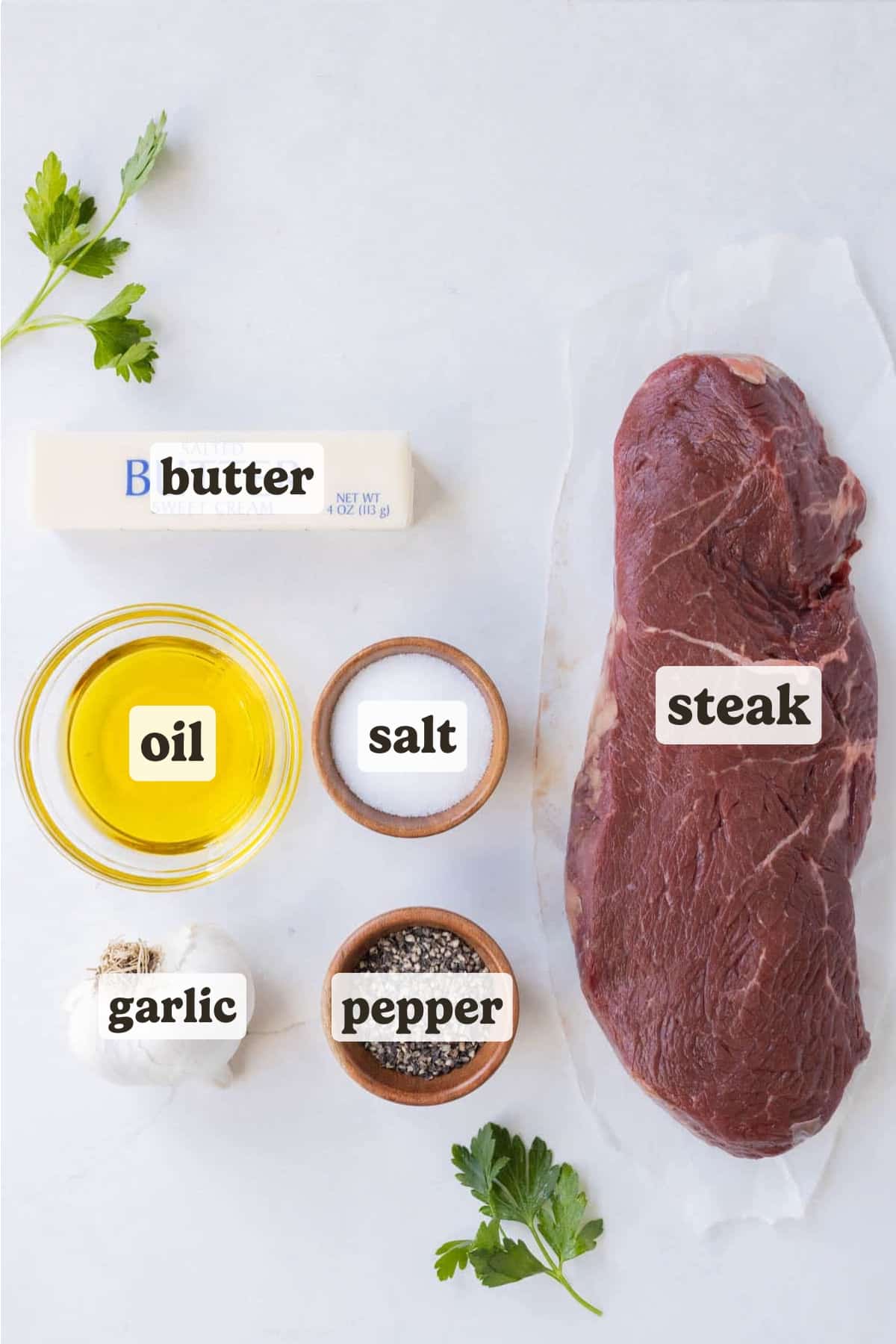 Steak, butter, garlic, and seasonings are the main ingredients for these garlic butter steak bites.