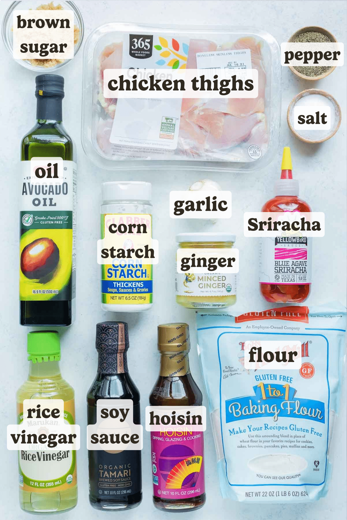 Chicken, oil, flour, cornstarch, sriracha, sugar, garlic, soy sauce, hoisin sauce, rice vinegar, and ginger are the ingredients for this General Tso's recipe.