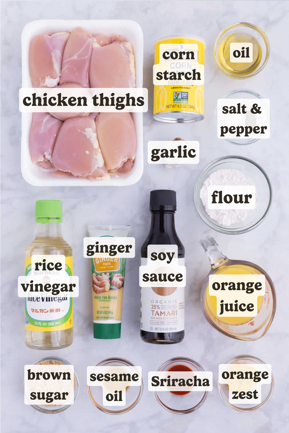 Chicken thighs, cornstarch, flour, and a homemade orange sauce are the main ingredients for this orange chicken recipe.