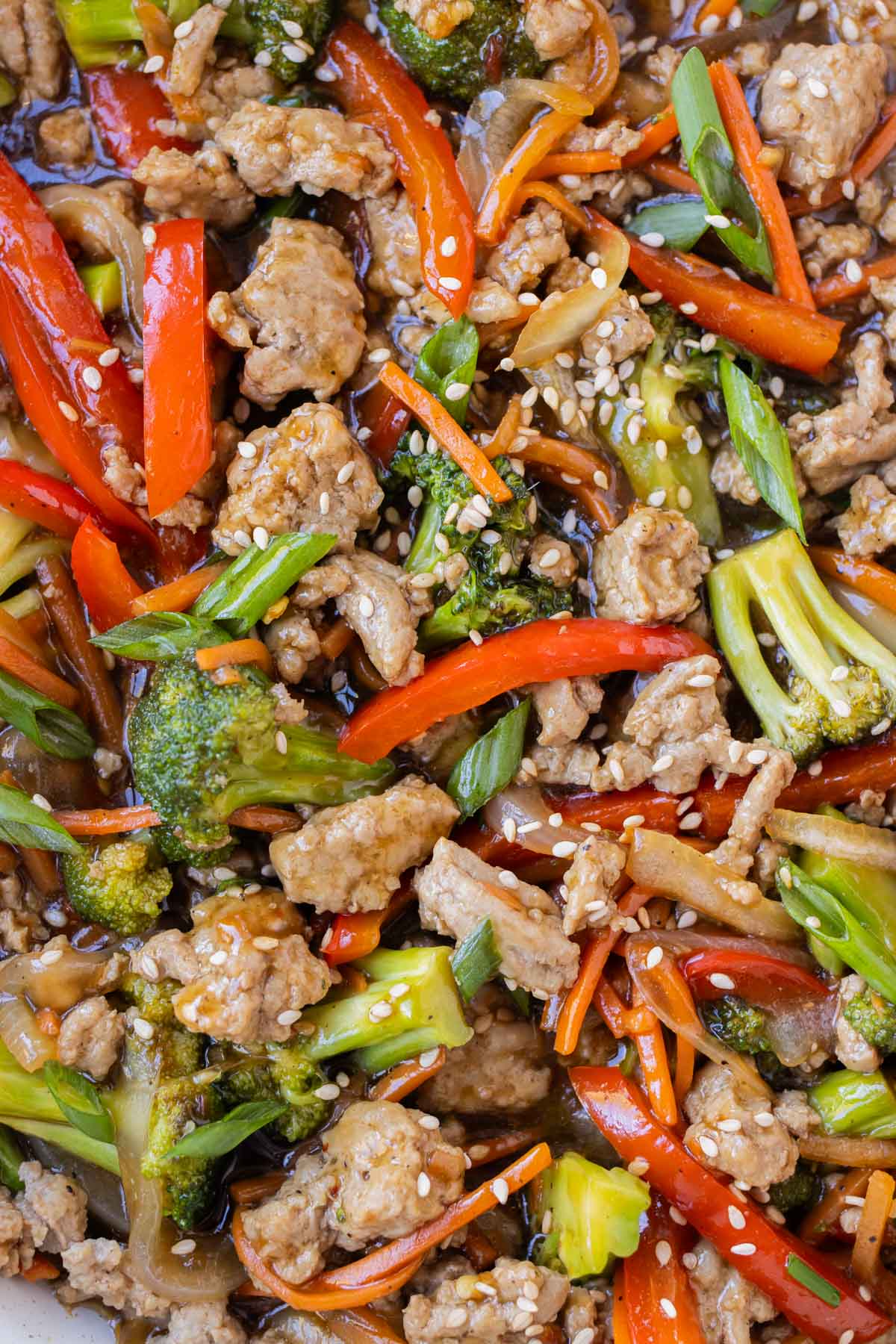 Ground turkey, veggies, and a sticky sweet teriyaki sauce are cooked together in a stir-fry recipe.